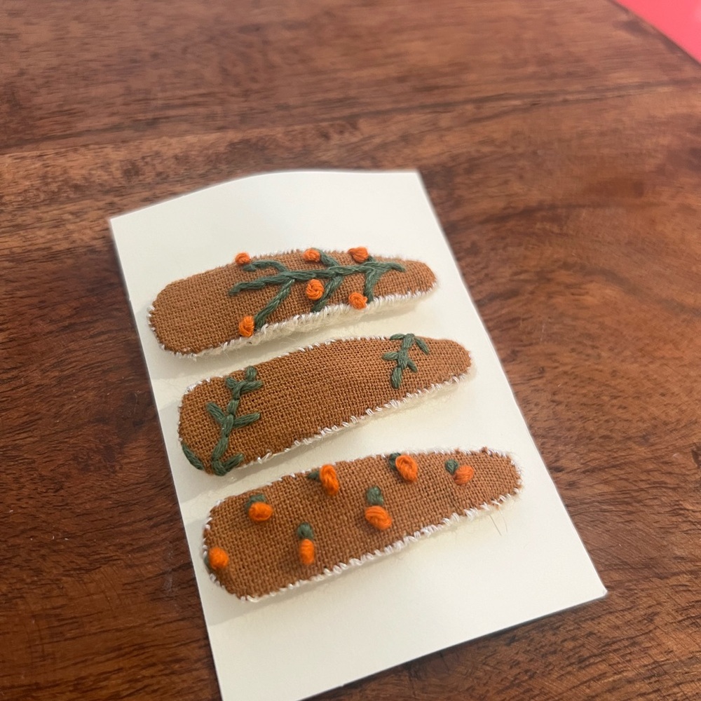 Handmade Brown Hair Clips with Floral Embroidery